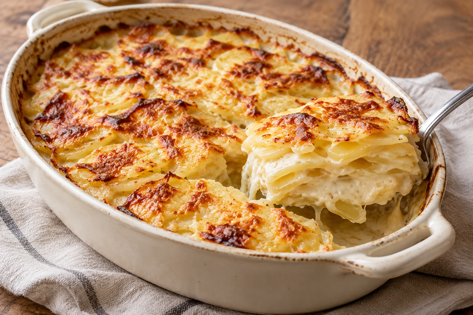 KI-generiertes Beispielbild: goldbraunes Kartoffelgratin in einer Auflaufform mit einer herausgehobenen Portion